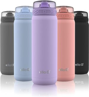 Ello Cooper 22oz Stainless Steel Water Bottle with Straw and Carry Handle, Double Walled and Vacuum Insulated Metal, Leak Proof Locking Lid with Soft Silicone Spout, Reusable, BPA Free, Lilac