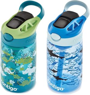 Contigo Aubrey Kids Dinos & Sharks, Cleanable Water Bottle with Silicone Straw, Spill-Proof Lid, Dishwasher Safe, 14oz, 2-Pack